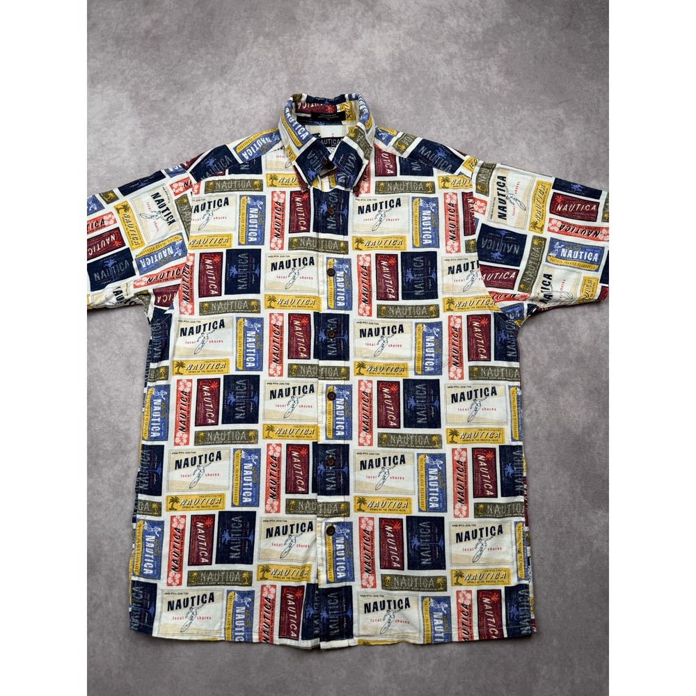 VTG Y2K Nautica Men S Short Sleeve Button AOP Graphic Surf Aloha Shirt HK Made